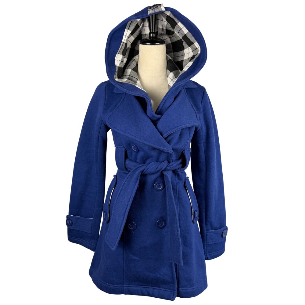 Blue Hooded Double Breasted Trench‎ Coat Womens Size Small Casual Retro Fashion
